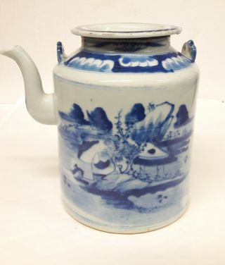 Antique Chinese/japanese Teapot Blue And White Fishing Scenes 1700s