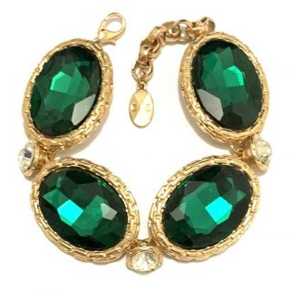 Christian Dior Emerald Green Vintage Glass Rhinestone Chunky Statement Bracelet