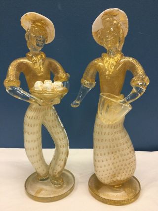 Vtg Italian Murano Venetian White Gold Man And Woman 12” Art Glass Figurines