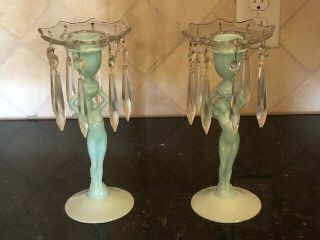 Ultra Rare Cambridge Blue Crown Tuscan Opaline Nude Statuesque Candlesticks Pr