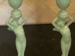 ULTRA RARE Cambridge Blue Crown Tuscan Opaline Nude Statuesque Candlesticks Pr 3