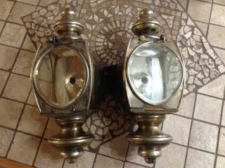 Pair Early Brass Carriage Lamps Glass Lenses Vintage Patina Old Car Auto Unique