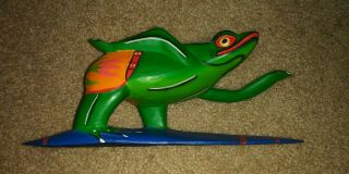 Hand Painted Wood Carved Folk Art Surfing Frog Figure