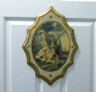 Large 18 " Vintage Italy Florentine Wood Plaque With Victorian Scene