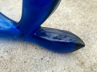 Vtg Mid Century Modern Blenko Blue Hand Blown Art Glass Fish Vase Vessel 20 