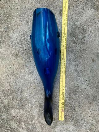 Vtg Mid Century Modern Blenko Blue Hand Blown Art Glass Fish Vase Vessel 20 