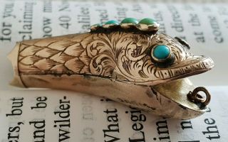 Unusual Antique Miniature Silver Snake Head Fob With Turquoise Stone (a/f)