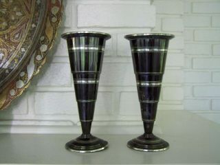 Matched Set Deco Classical Style Trumpet Silver Older Vase - Set Of Two