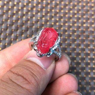 Chinese Handwork S925 Silver & Red Jadeite Jade Rare Fortune Pi Xiu No.  7 - 12 Ring