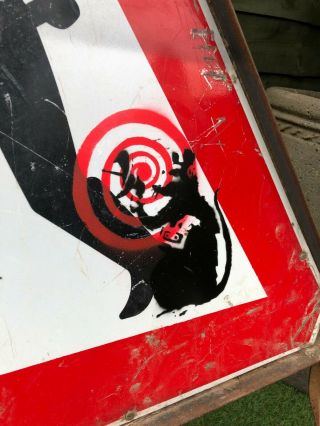 Banksy ' Radar Rat ' stencil on men at work sign,  fab rare piece 3