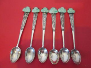 6 Antique Signed Lee - Chinese Export - Silver & Jade W/ Dragons - Salt Spoons