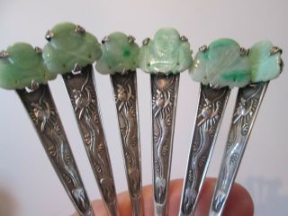 6 Antique Signed LEE - CHINESE EXPORT - SILVER & JADE w/ DRAGONS - SALT SPOONS 2