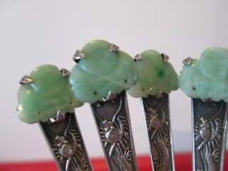 6 Antique Signed LEE - CHINESE EXPORT - SILVER & JADE w/ DRAGONS - SALT SPOONS 3
