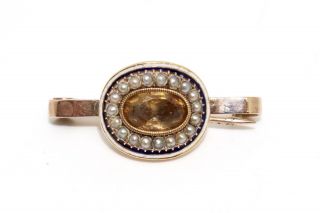 A Pretty Antique Georgian 15ct Gold Citrine Pearl Enamelled Mourning Ring Brooch