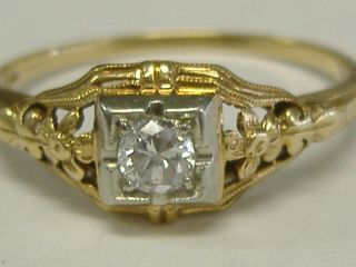 Art Deco Solid 14 K Gold 0.  10 Ct Natural Diamond Engagement Ring Size 6.  75