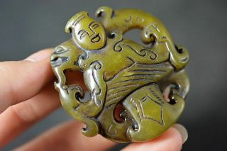 Delicate Chinese Old Jade Carved People/dragon/phoenix Amulet Pendant J13