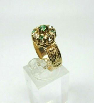 Antique 14 K Yellow Gold Old Mine Cut Diamonds & Emeralds Ring - Size 6 - Cigar Band
