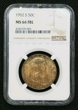 1952 - S Franklin Half Dollar | Ngc Ms66fbl | Rare Toned Beauty Full Bell Lines