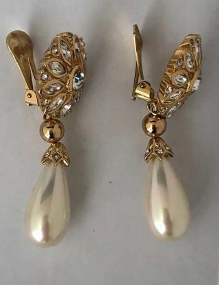 CHRISTIAN DIOR Vntg Earrings Haute Couture Rhinestones Faux Pearl Drop - Clip On 10