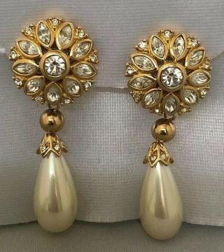 Christian Dior Vntg Earrings Haute Couture Rhinestones Faux Pearl Drop - Clip On