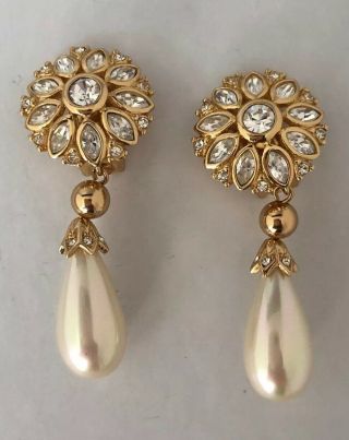 CHRISTIAN DIOR Vntg Earrings Haute Couture Rhinestones Faux Pearl Drop - Clip On 2