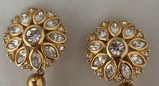 CHRISTIAN DIOR Vntg Earrings Haute Couture Rhinestones Faux Pearl Drop - Clip On 3