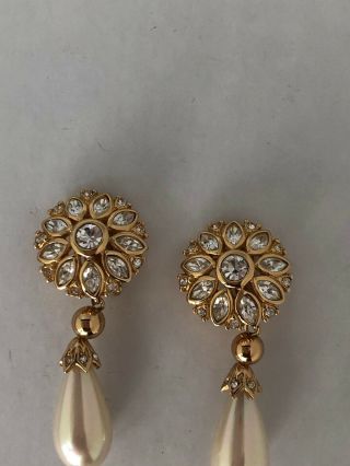 CHRISTIAN DIOR Vntg Earrings Haute Couture Rhinestones Faux Pearl Drop - Clip On 5