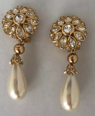 CHRISTIAN DIOR Vntg Earrings Haute Couture Rhinestones Faux Pearl Drop - Clip On 6