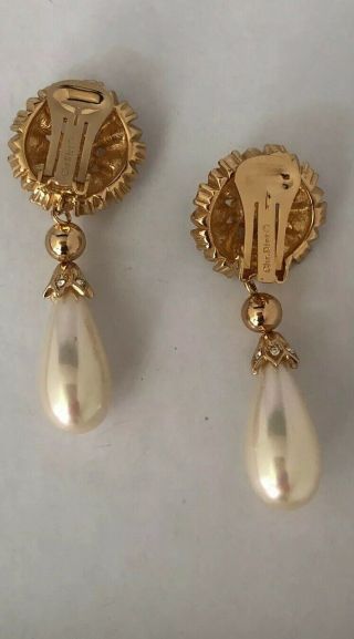 CHRISTIAN DIOR Vntg Earrings Haute Couture Rhinestones Faux Pearl Drop - Clip On 7