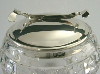Rare Solid Sterling Silver Cut Glass Sugar Bowl Mechanical Tongs 1930 Art Deco