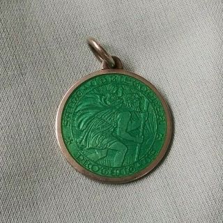 Vtg Antique Sterling Green Gulliouche Enamel St.  Christopher Medal Pendant Charm