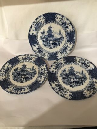 Allerton’s Chinese 8” Plates England Blue White Transfer Ware Set Of 3