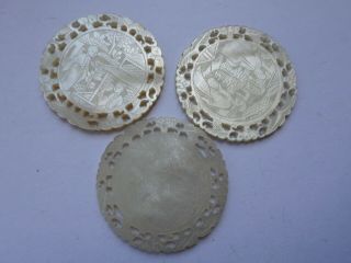 5 Antique Chinese Mother Of Pearl Gaming Counters Or Chips All With Scenes