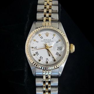 Rolex Date Lady 2tone 14k Gold & Steel Watch Jubilee Band White Roman Dial 6917