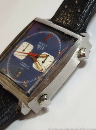 Rare Vintage Heuer 1133 XL Monaco Mens Chronograph Date Steel 1970s Automatic 10
