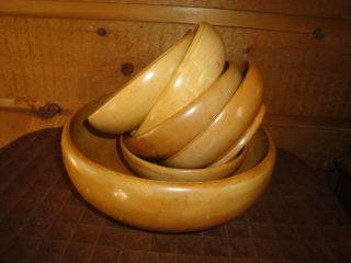 6 Pc.  Vintage Wood Salad Bowl Set Margaret Studios Inc.  Antigo Wisc.