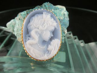Cameo Pendant Brooch Pin Blue Agate Mother & Child 14kt Solid Gold