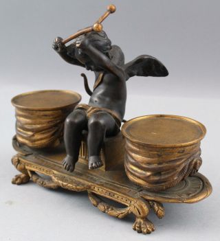 19thc Antique French Gilded Bronze Desktop Double Inkwell Drumming Cupid Cherub