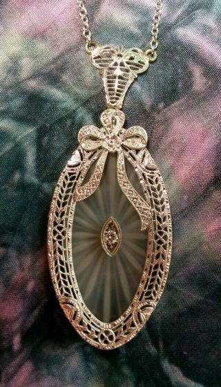 Antique Art Deco 14k White Gold Diamond Camphor Glass 2 " Pendant Necklace 16.  5 "