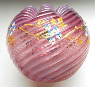 Antq Victorian Cranberry Opalescent Swirl Art Glass Rose Bowl W/ Forget Me Nots