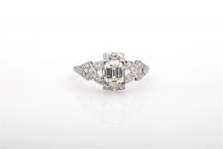 Antique 1920s $12,  000 1.  62ct Emerald Cut Diamond Platinum Filigree Ring Rare