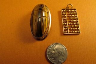 Vintage 14k Solid Gold Chinese Abacus Charm Pendant And Tiger Eye Pin 3.  5g 5