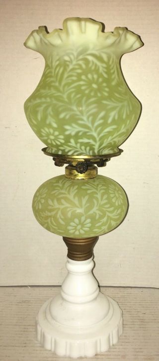 Antique Oil Lamp Satin Vaseline Fern Fenton Lg Wright Gwtw Rare