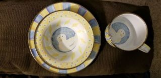 Mackenzie - Childs Yellow & Blue Enameled Mug,  Bowl & Plate With Duck