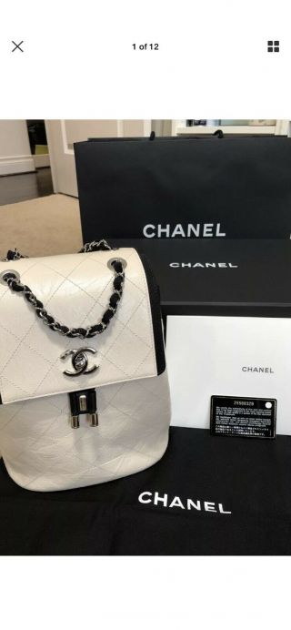 Rare Chanel Classic Two Tone Black & Ivory Calfskin Backpack Shoulder Flap Bag