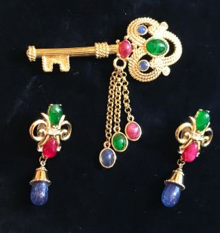 Vintage Signed Trifari Tm Jewels Of India Key Dangle Brooch With Drop Earrings