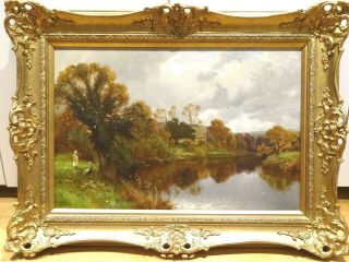 Large 19th Century English River Landscape Children Antique Oil Painting Elliot