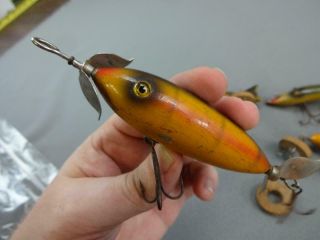 4 Antique Wooden Fishing Lures: Bass - Oreno Topwater Float Popper Swim Minnow, 3