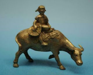 Chinese Old Copper Hand - Carved Shepherd Boy Ride A Cow Statue E01