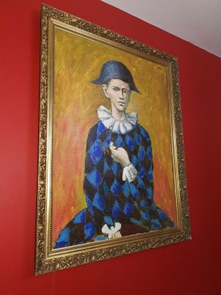 Rare Pablo Picasso Harlequin Oil Painting on Canvas signed & framed 3
